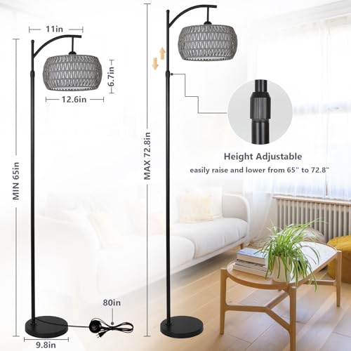 Image of Arc Floor Lamp for Bedroom, Boho Standing Lamp with Remote & LED Smart Bulb, Rattan Floor Lamps for Living Room with 3 Color Temperatures, Height Adjustable Corner Tall Lamp, Stand up Light for Office