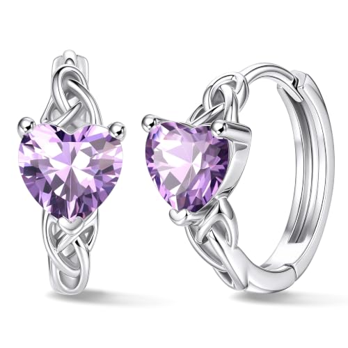 Bestyle Flattering June Alexandrite Heart Birthstone Earrings Cute Small Sterling Silver Hoop Earrings for Women Dainty 925 Sterling Silver Hypoallergenic Huggie Hoop Earrings for Women