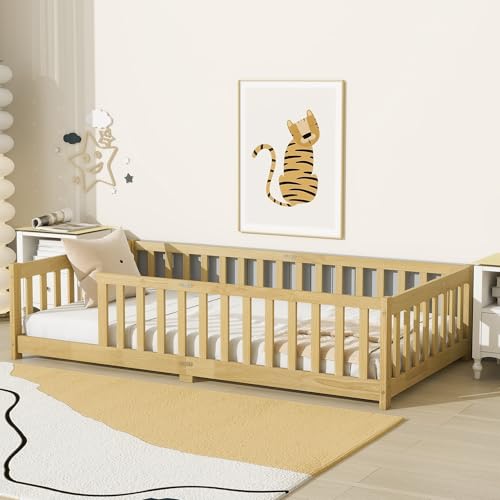 Twin Size Kids Montessori Floor Bed,Twin Floor Bed Frame with Slats,Solid Wood Twin Bed Frame for Girls Boys,Natural