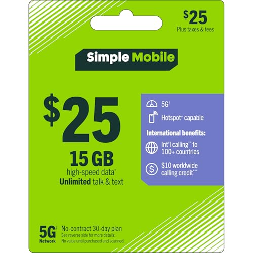 Simple Mobile $25 Prepaid 30-Day Plan: 15GB High-Speed 5G Data, Unlimited Talk, Text & ILD [Physical Card]