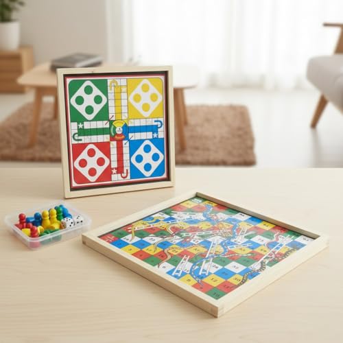Image of 2 in 1 Wooden Ludo and Snakes & Ladders Board Games, Classic Double Sided Game Board for Kids & Adults, 2-4 Players, 30 x 30 cm, Portable Family Fun Game (Non-Magnetic)