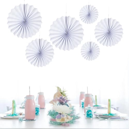 Image of MOWO White Paper Fans Hanging Decoration, 6pc | Birthday, Wedding, Baby Shower, Graduation, Retirement Party