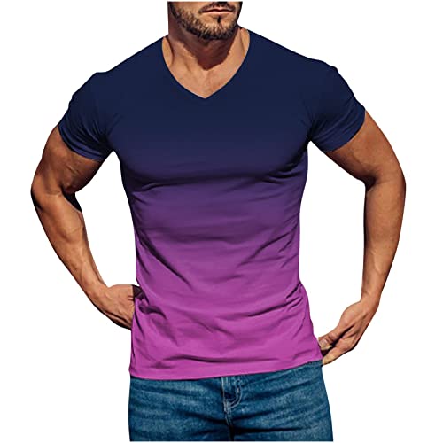 Men's T-Shirts 2025 Summer Short Sleeve Gradient Color Shirts V Neck Slim Fit Blouse Casual Sport Fitness Tops