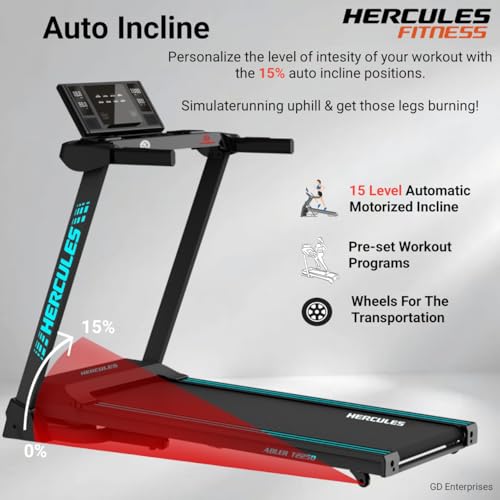 Image of Hercules Fitness T2250 1.5 /3.0 HP Peak BLDC Motorized Foldable Treadmill | 15 Level Auto Incline | Bluetooth MP3 Player Available | Max Speed 16 Km /Hr | Max User Weight 110 Kg