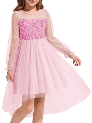 Haloumoning Girls Sequin Contrast Mesh Puff Long Sleeve Dresses Twirly High Low Party Tulle Formal Dress 5-14 Years