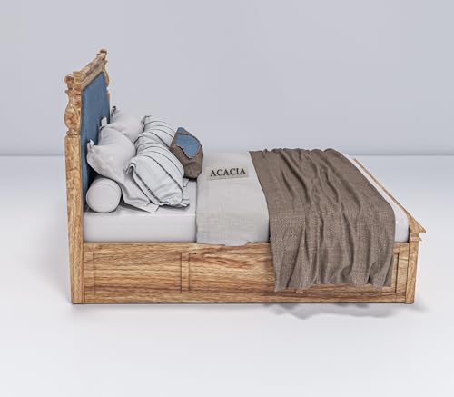 Image of Craft Wooden King Size Bed with Storage | Double Bed Cot Bed with Box Storage & Blue Colour Upholstered Cushioned Headboard for Bedroom | Solid Wood Sheesham, Teak Finish
