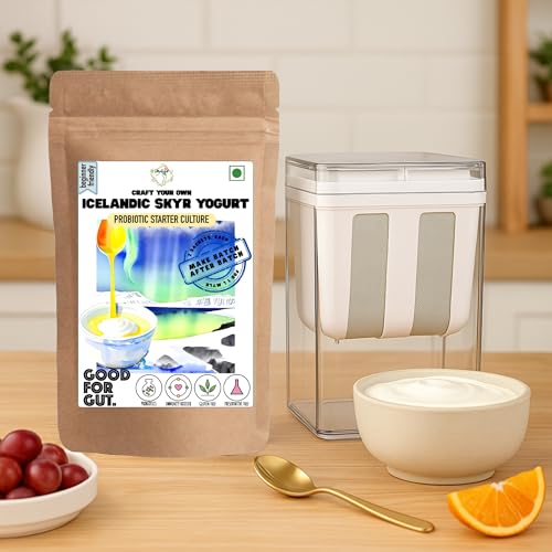 Image of Alla's Posh Flavors COMBO Icelandic Yogurt Starter SKYR CULTURE & YOGURT STRAINER, Non-GMO, 100% Veg, Make High Protein Less Fat Skyr at Home Easily | Works with Milk Powder | Make Batch-after-Batch | Lab Tested Cultures & Rennet | Imported from Europe (Strainer & Culture)