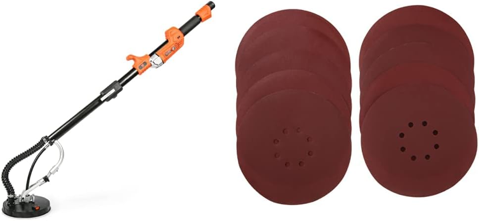 WEN DW6395 Variable Speed 6.3-Amp Drywall Sander with Mid-Mounted Motor, Black & 6369SP180 180-Grit Hook and Loop 9-Inch Drywall Sander Sandpaper, 10-Pack