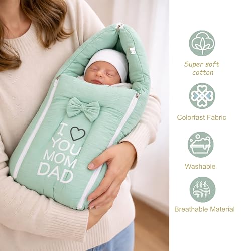 Image of Fareto Newborn Baby 100% Muslin Cotton Sleeping Bag & Mosquito Net &Hand Carry Bed | Safe, Soft & Portable Baby Bed | Baby Bedding Set(0-1 Year) (M Green)