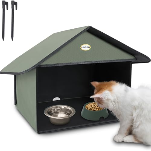 Dreyoo Outdoor Cat Feeding Station for Food & Water, Weatherproof Outdoor Kitty Dining Room Cat Shelter for Stray, Feral Cats and Community Cats, 13”d x 17”w x 15.5'h(Dark Green)