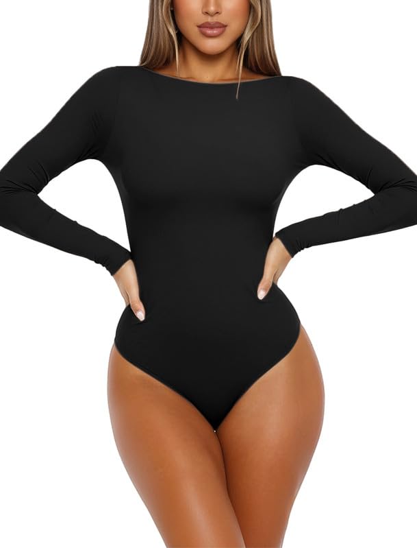 Damskie body z dekoltem w łódkę z długim rękawem body top na co dzień damski jednoczęściowy trykot tanga podstawowa bielizna modelująca body rozciągliwe miękkie wyjściowe topy slim fit