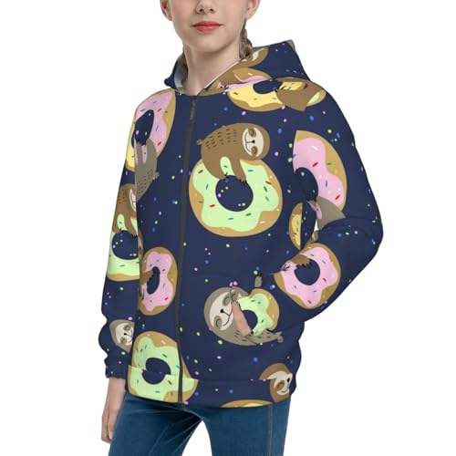 Sloth with Donuts Kids Pullover Hoodies Boys Zip Up Sweatshirts Girls Athletic Clothes with Pocket