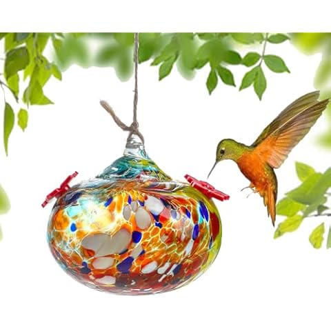 Hand Blown Glass Hummingbird Feeders for Outdoors Glass with 2 Feeding Ports Leak Proof Small Glass Humming Bird Feeder for Window Garden Patio Decoration Cover