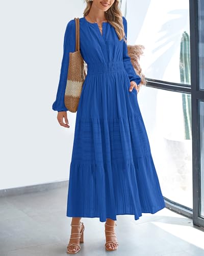 BTFBM Fall Dresses for Women 2025 Casual Long Sleeve V Neck Elastic Waist Lightweight Maxi Wedding Guest Dress Pockets