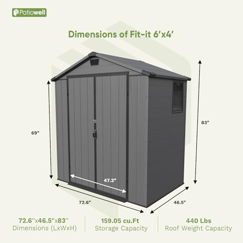 Image of Patiowell 6X4 FT Plastic Outdoor Storage Shed with Floor, Resin Garden Shed