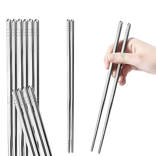 Premium Reusable Stainless Steel Chopsticks - 5 Pairs, 9.5 Inch, Square, Non-Slip, Dishwasher Safe, Use for Home, Kitchen, Hotel, Restaurant