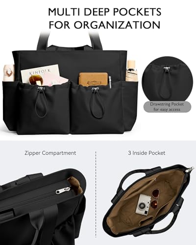 KALIDI Yoga Tote Bag for Women with Zipper Large Shoulder Bag Handbag with Pockets for Travel Vacation Work Gym Workout, Black