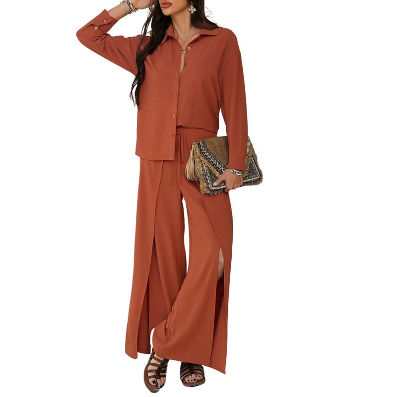 Solid Color Long Sleeve Button Shirt and Wide-Leg Trousers Women's 2-Piece Set for Spring and Summer Vacation-image-16