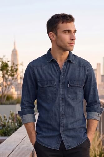 Image of Louis Philippe Men's Slim Fit Classic Denim Wash Stylized Fashion Full Sleeve Casual Shirt