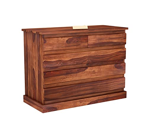Image of Sheesham Wood Chest of Drawers 5 Drawers Wooden Dresser with Storage Organizer for Bedroom Living Room Home (Honey Finish)