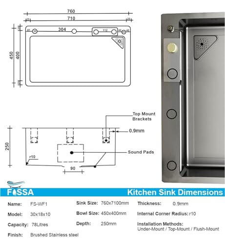 Image of Fossa 30 inchx18 inchx09 inch Inch 5-Year Warranty Single Bowl Waterfall Pure Premium Stainless Steel Kitchen Sink | Honeycomb Embossed | Workstation Sink with All Accessories | Black (Honeycomb Finish)
