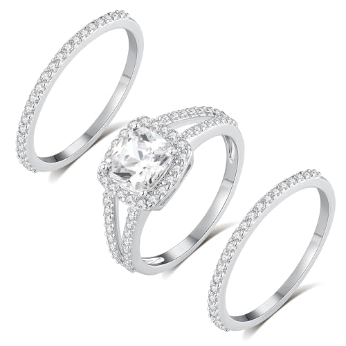 MDFUN 18K White Gold Plated Cubic Zirconia Square Halo Wedding Engagement Promise Eternity Ring for Women