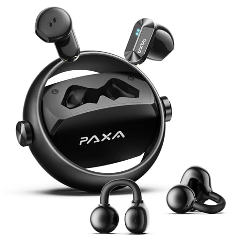 PAXA 2 en 1 Doble Auriculares Inalámbricos Bluetooth 6.0 0 Latencia, Audifonos Deportivos Abiertos con Clip, 140H Autonomía, Reconocimiento L/R, Reducción Ruido Híbrido Trabajo/Deporte/Diario, Negro