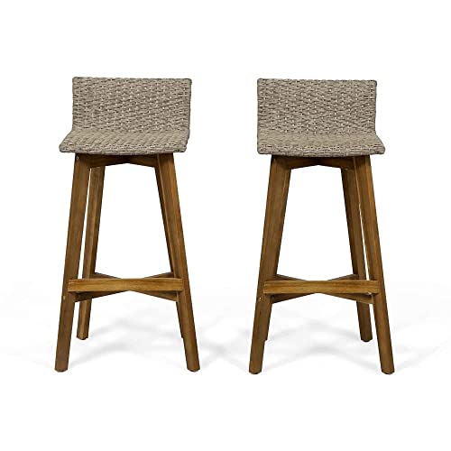GDFStudio Great Deal Furniture Blair Outdoor Rustic Acacia Wood Barstool (Set of 4), Gray