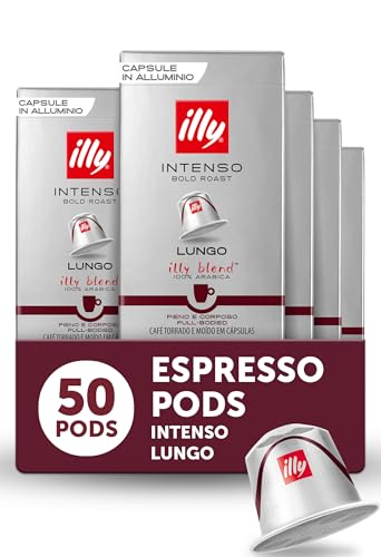 Image of illy Espresso Compatible Capsules, Coffee Pods for Nespresso Original Line Machine, Intenso Lungo Dark Roast, 100% Arabica, Premium Italian Coffee, Single Serve, 10 Count, 5 Pack | Coffee Pods for Espresso Original Line, Compatible Capsules, 100% Arabica, Premium Italian Coffee