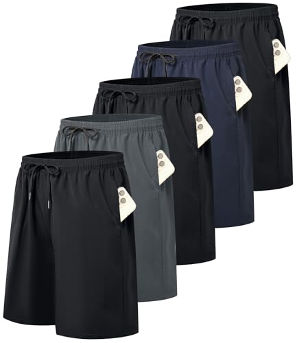 Kinglaman 5 Pack Mens Athletic Gym Workout Shorts Quick Dry Basketball Running Lightweight Shorts with Pockets 3 Black 1 Blue 1 Gray X-Large