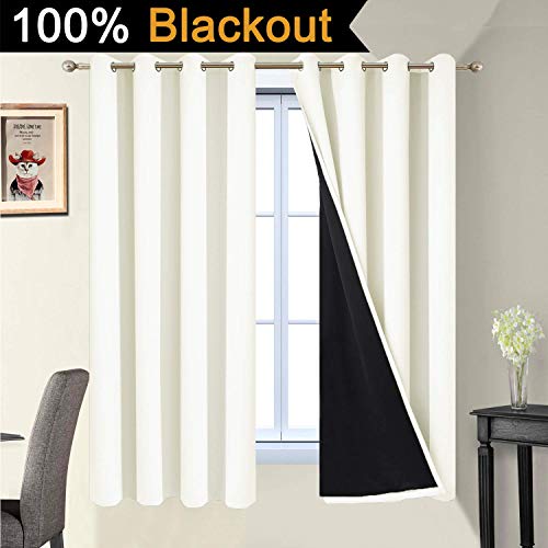 Image of Yakamok 100% Blackout Curtains with Black Liners, Solid Home Decor Thermal Insulated Full Blackout 2-Layer Lined Drapes, Energy Efficiency Window Draperies for Bedroom (52Wx63L, Cream, 2 Panels)