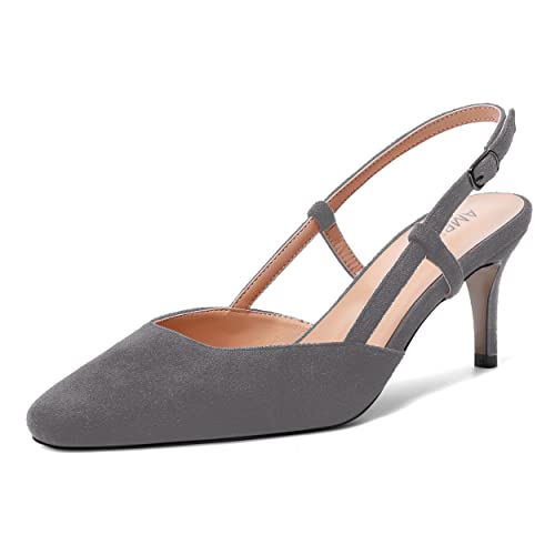 AMBELIGHT Womens Cute Office Square Toe Slingback Slip On Suede Kitten High Heel Pumps Shoes 2.5 Inch