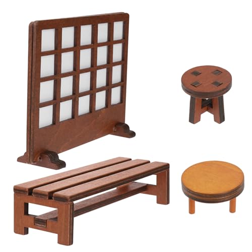 EXCEART 4個 木製ミニチュア家具 点 レトロスルベンチ テーブル 和風ドールハウス用装飾品 軽量で屋内外設置可能 写真撮影小道具にも