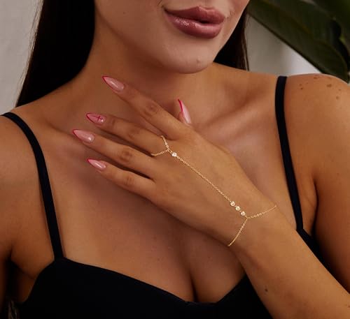 Gold Bracelets Set for Women, 14K Real Gold Plated/Silver Dainty Link Chain Bracelets Ring Hand Chain Charm Stackable Cuban Link Paperclip Bracelet Non Tarnish Jewelry Accessories Gifts3