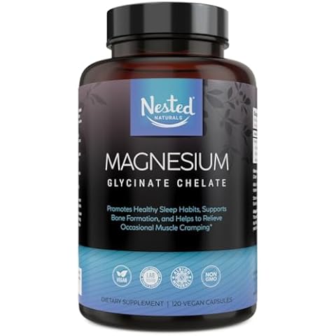 Nested Naturals Magnesium Glycinate Chelate - Magnesium Supplement for Muscle Cramps, Relaxation, & Sleep Support - 100% Chelated Albion TRACCS Buffered Magnesium Glycinate 200mg - 120 Vegan Capsules Cover