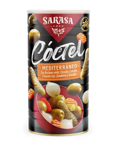 Cóctel Mediterráneo Mix de aceituna verde, cebollita, pepinillo, pimiento, zanahoria y guindilla Sarasa (PESO NETO350g (PESO ESCURRIDO180g), 6 LATAS)