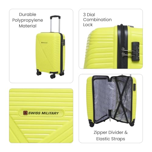 Image of SWISS MILITARY Zurich Spinner Suitcase, Lightweight Polypropylene Trolley Bag (55CM) for Business Travel, 360 Dual Wheels, Combination Lock, Durable Luggage for Travel (Lime)