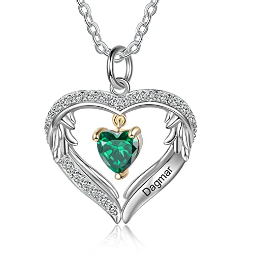 Nauchild Damen Kette mit 1 Namen 1 Geburtsstein, 925 Sterling Silber Charm Anhänger, Herz Flügel Halskette mit 5 A Zirkonia, Personalisierter Schmuck für Frauen/Mama/Mädchen(5# Cover