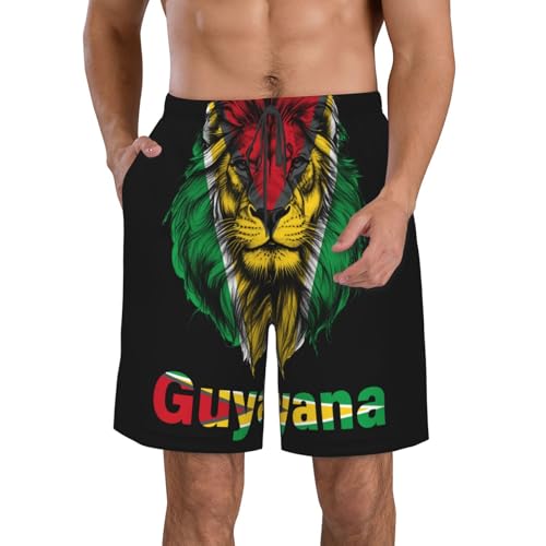 Lion Funny Guyana Flag Men's Beach Shorts Quick Dry Funny Stylish Swimwear Bathing Suits