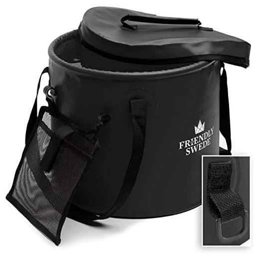 The Friendly Swede Collapsible Bucket for Camping, Travel and Gardening - Portable Folding Wash Basin Water Container Pail, with Lid and Handy Tool Mesh Pocket Black, 30L (7.92 gal)