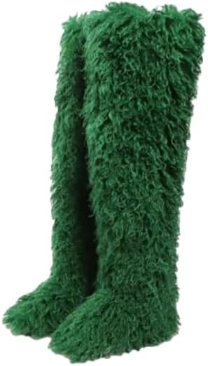 YXCFEWD Over the Knee Fur Boots for Women Winter Thigh High Boots Fluffy Furry Snow Boots(green,6)