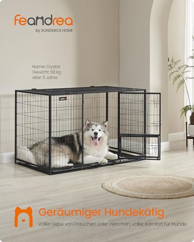Feandrea Haustierkäfig hochbelastbar, Gitterbox, transportabel, 139 x 79 x 87 cm, für mittelgroße, große Tiere, sicher, 2 abnehmbare Türen, XXXL, tintenschwarz PPD004B01