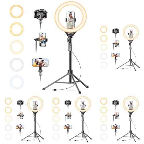 Image of UBeesize 12'' LED Ring Light with 62'' Tripod Stand, Selfie Ring Light for Video Recording, Live Streaming, TikTok & YouTube, Compatible with iPhone & Android (Black) (Pack of 5)