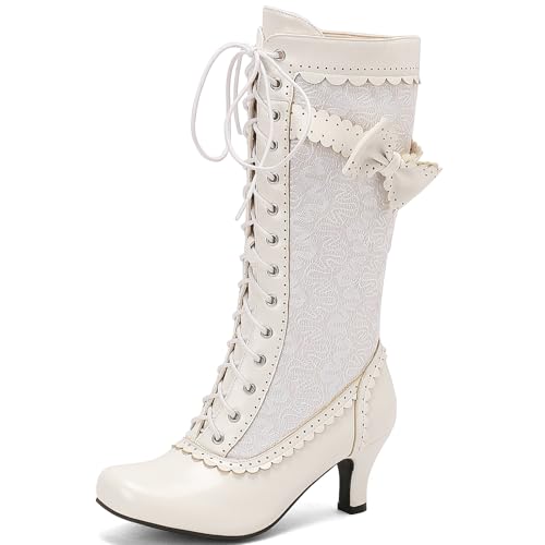 LUXMAX Women Gothic Victorian Boots Low Kitten Heel Mid Calf Boots Lace Up Cute Bow Boots for Ladies Witch Shoes, Size 7 M US,White