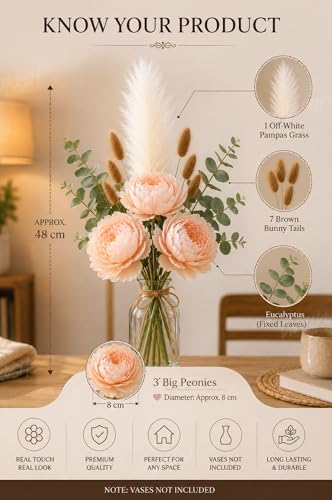 Image of Divyakosh Artificial Flowers for Vase (Vase Not Included) Light Peach Peony Bouquet with Eucalyptus, Bunny Tails & Pampas Grass for Living Room, Table Centerpiece, Home Decor
