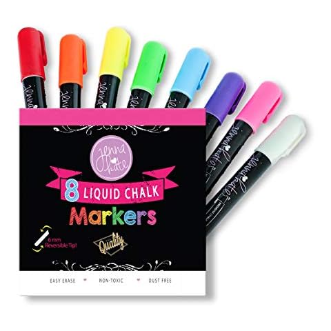 Jennakate - 8 pack Dry Erase Liquid Chalk Markers - 6mm Reversible Tip (Bullet & Chisel Tip) Cover