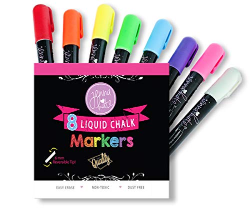 Jennakate - 8 pack Dry Erase Liquid Chalk Markers - 6mm Reversible Tip (Bullet & Chisel Tip)