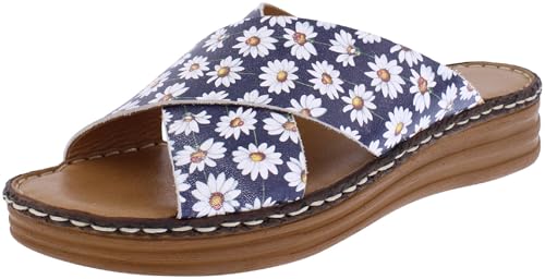 Image of Adesso Beau Womens Slip On Sandals Wedge Mules Summer Clog Genuine Leather (Navy Daisy, UK 4)