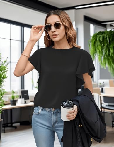 Aifer Womens Summer Ruffle Short Sleeve Dressy Casual Blouses Mock Neck Tops Elegant Work Shirts2