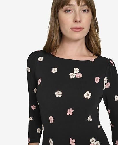 Image of Tommy Hilfiger Women's 3 /4 Sleeve Crew Neck Double Ruffle Hem Jersey Shift Mini Dress